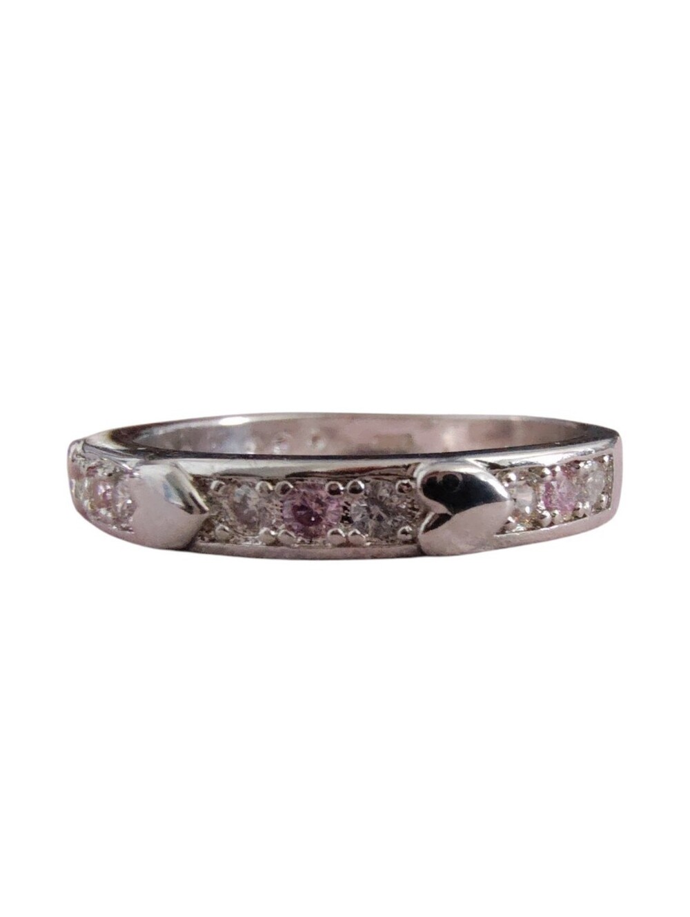 925 Sterling Silver Pink & Clear Stone Heart Ring Size 8.75